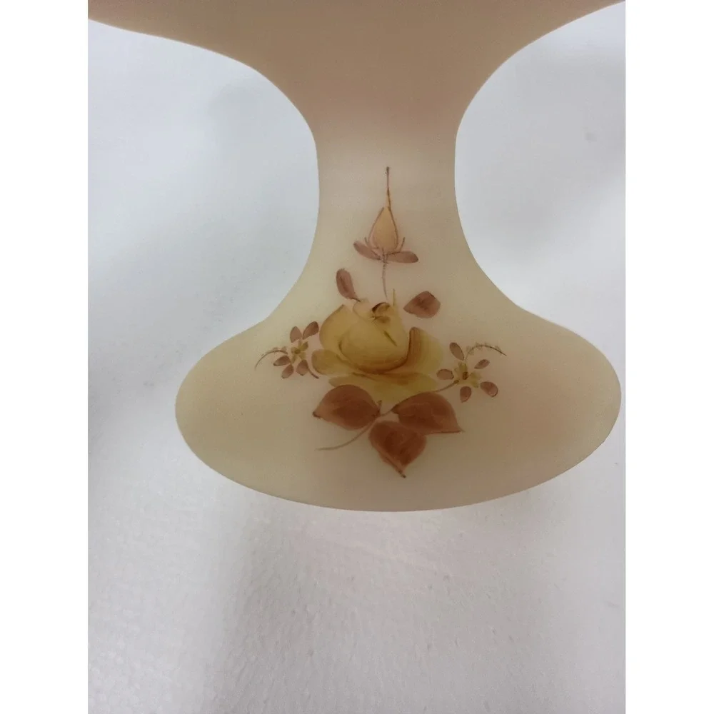 VTG Fenton Pedestal Compote Bowl Yellow Burmese Glass Hand Painted Roses